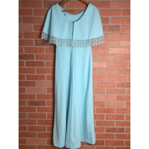 Vintage Miss Rubette Maxi Dress Lace Trim Cape Overlay Blue Size 14 - Picture 6 of 12
